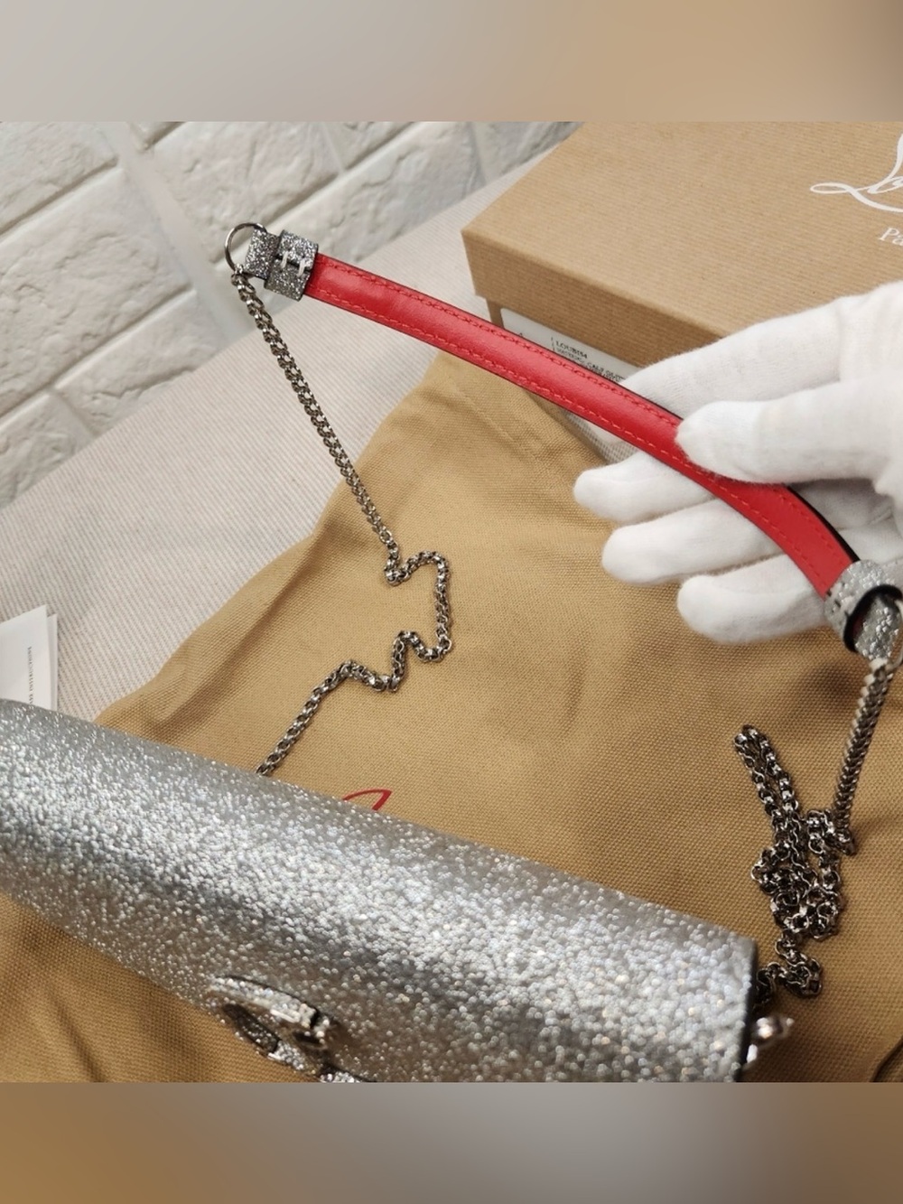 EUC Christian Louboutin Silver small Bag with Red Strap Retail $1750 - Picture 4 of 11